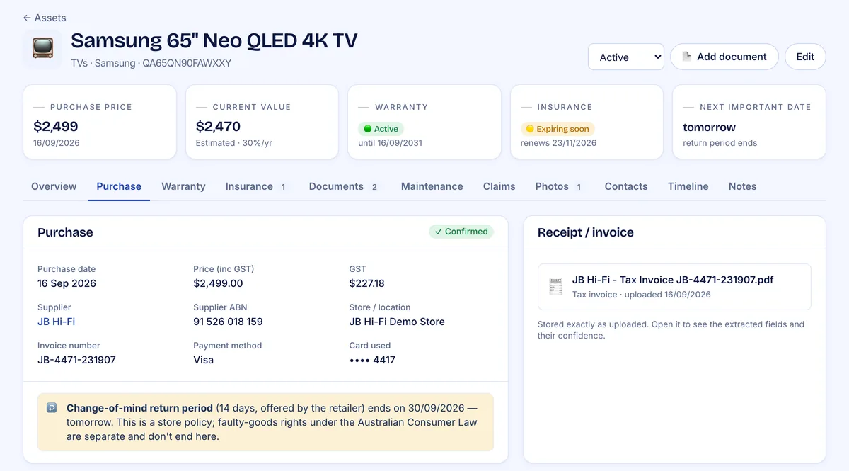 A Samsung TV asset page showing purchase price, current value, an active warranty, insurance expiring soon, and a change-of-mind return period ending tomorrow