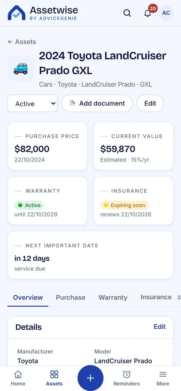 Phone view of a Toyota LandCruiser asset with purchase price, current value, warranty, insurance and next service date