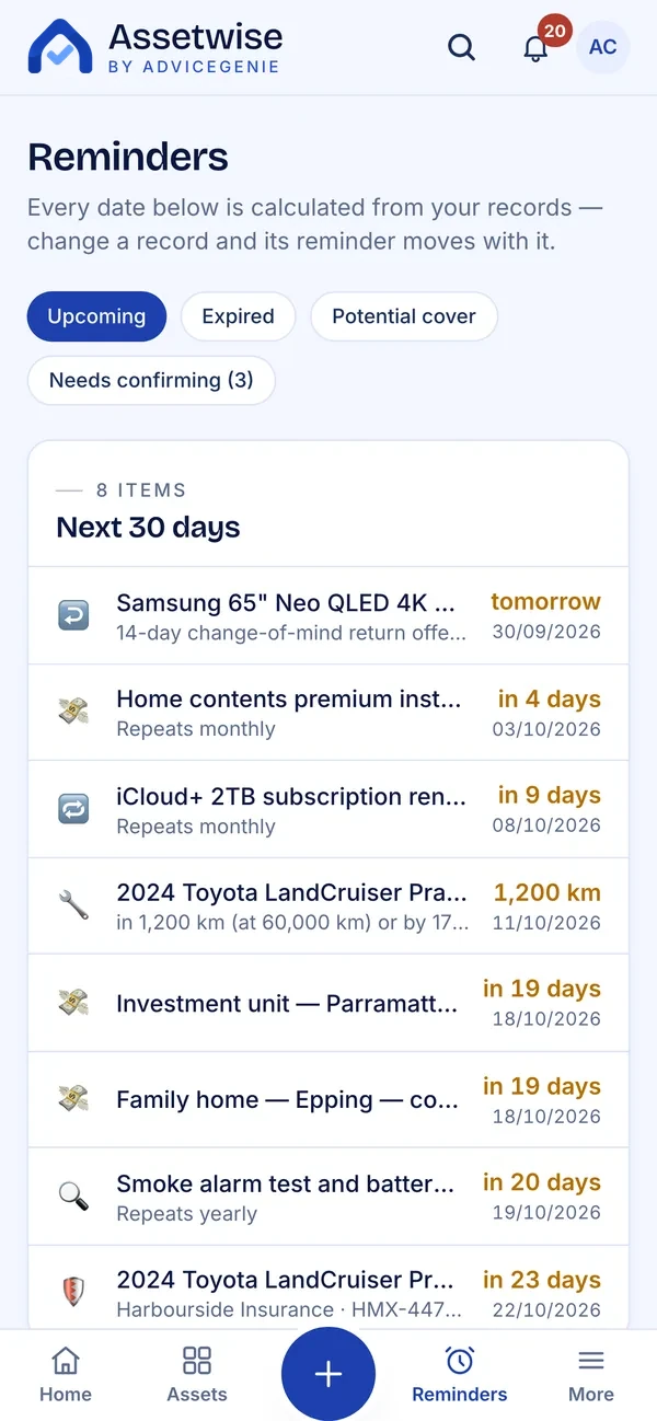 Phone view of upcoming reminders: a return window ending tomorrow, premium instalments, a car service and an insurance renewal