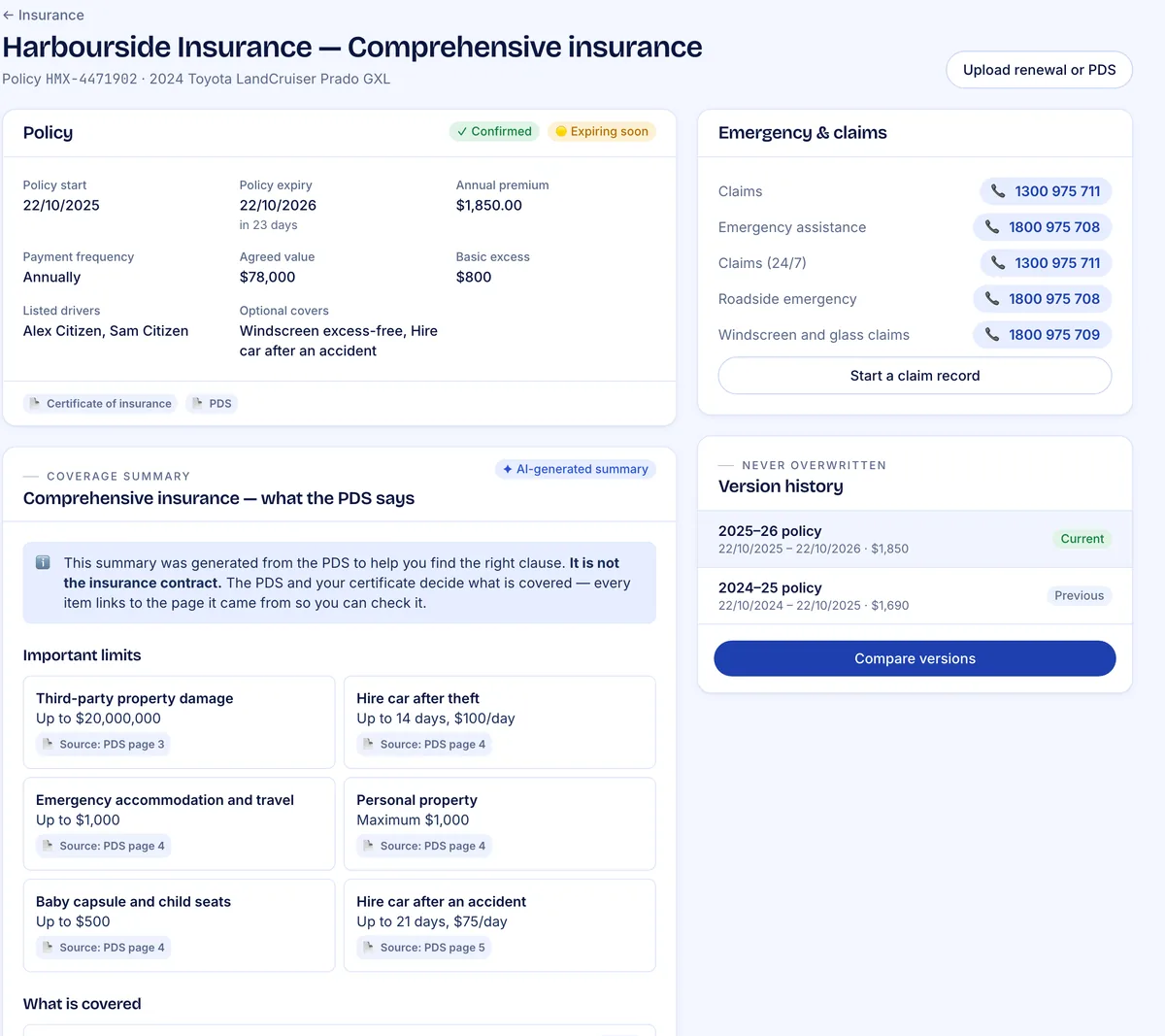 A comprehensive car insurance policy in Assetwise: policy details, claims and roadside numbers, version history, and a PDS coverage summary listing limits such as third-party property damage up to $20,000,000, each with its PDS page